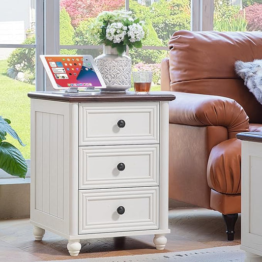 18" Farmhouse Nightstand with Charging Station and USB Port, White Night Stand with 3 Drawers, Wood Bedside End Table with Storage, Bed Side Tables for Bedroom Living Room and Closet
