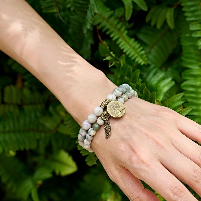 Bivei Natural Semi Precious Gemstone beads bracelet for women - Life Tree and Leaf Charm Energy Reiki Crystal Stretch Bracelets