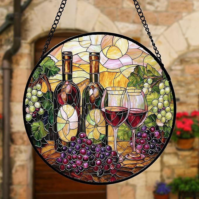Stained Glass Window Hanging, Grapes and Wine Suncatcher Diamond Glass Panel Hangings Sun Catchers Decor for Birthday for Women, Men, Wife, Aunt, and Mom 7.8 in