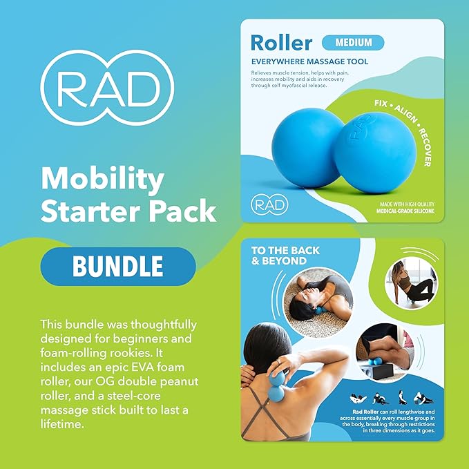 RAD Mobility Starter Pack for Myofascial Release, Muscle Recovery, and Tension Relief – Includes Exercise Foam Roller, Peanut Massage Ball, and Massage Stick