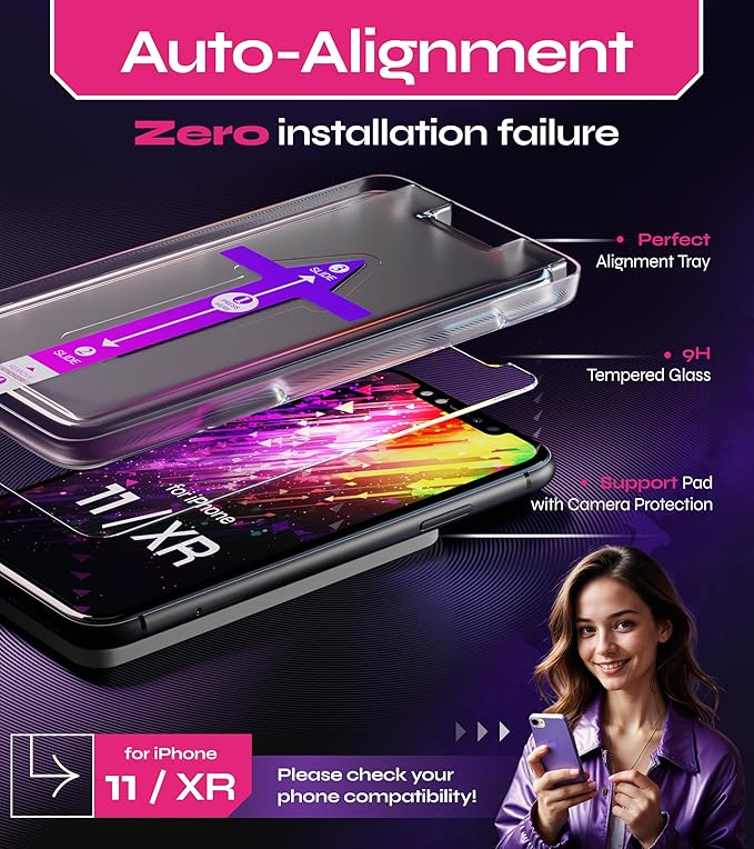 Defenslim Screen Protector for iPhone 11 / XR (2Pack), Easy Auto-Align Install Kit, 6.1" Tempered Glass, 9H Hardness, Ultra HD Clear, Case Friendly, EasyShield