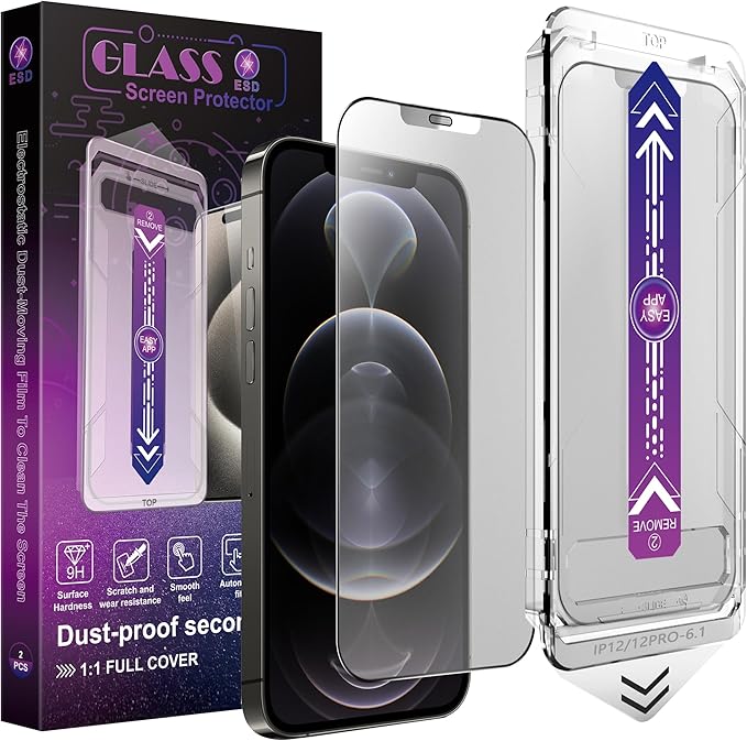 2 Pack Matte Screen Protector for iPhone 12 Pro/iPhone 12, 9H Tempered Glass, Full Coverage, Anti-Fingerprint, Auto Dust-Elimination, No Bubble, Easy Installation