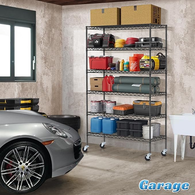 6-Tier Storage Shelves | 2100 LBS Capacity Garage Shelving | 48"×18"×82" Heavy Duty Metal Shelving Unit | Adjustable Wire Shelf on Wheels | Storage Rack for Garage Kitchen Pantry Basement, Black
