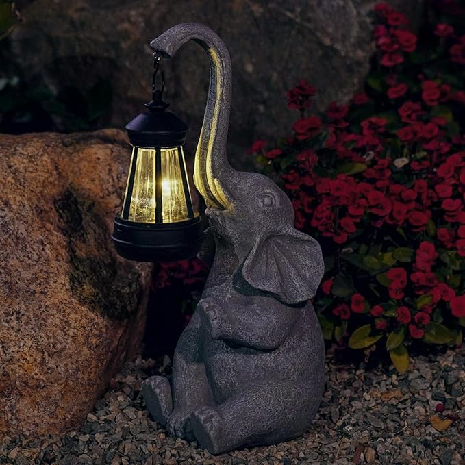 DiliComing Elephant Resin Sculpture - 12 Inch Solar-Powered Outdoor Garden Decor, Housewarming & Birthday Gift for Women, UV-Resistant Coating - Elephant Statue
