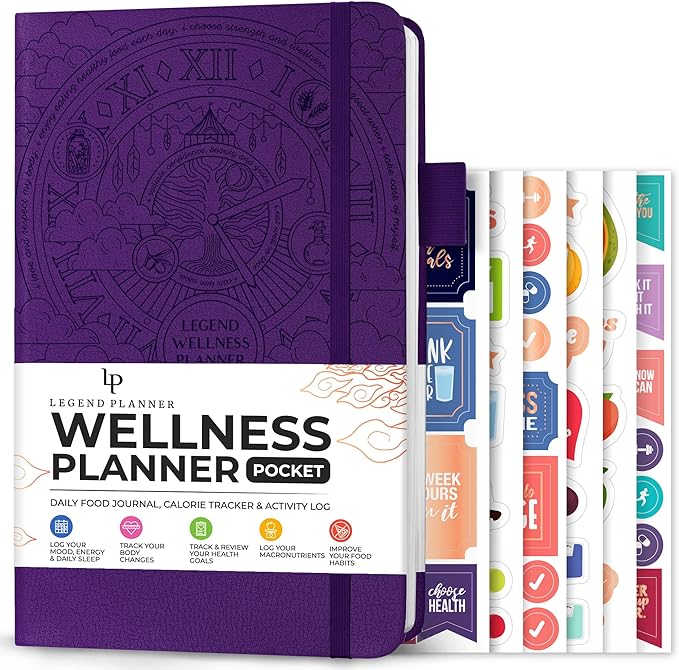 Legend Wellness Planner & Food Journal Pocket – Daily Diet & Health Journal with Weight Loss, Measurement & Exercise Trackers – Lifestyle & Nutrition Diary – Lasts 6 Months, 3.9x6.3″ – Purple