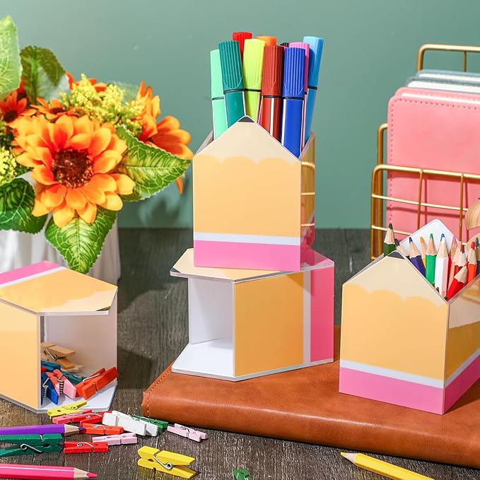 Sherr 6 Pcs Pencil Shaped Pen Holders for Classroom, Cute Acrylic Pencil Cups, Back to School Stationery Storage Organizers for School Office Supplies Teacher Desk Home Table Decor (Classic)