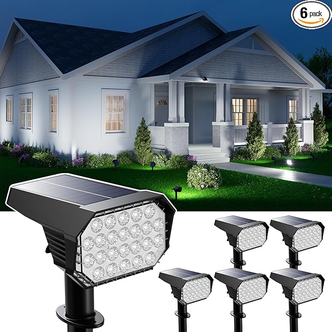 6 Pack Solar Powered Outdoor Spot Lights Outside Landscape Waterproof 24 LEDs Spotlights Dusk to Dawn for House Yard Tree, Plants, Outside, Patio, Garden, Statues, Superior Accent Lighting, 3 Modes