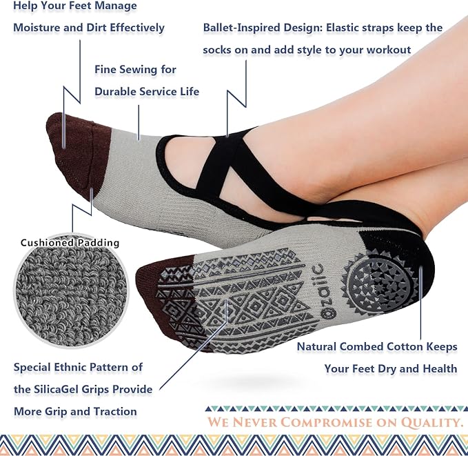 Ozaiic Yoga Socks for Women Non-Slip Grips & Straps, Ideal for Pilates, Pure Barre, Ballet, Dance, Barefoot Workout