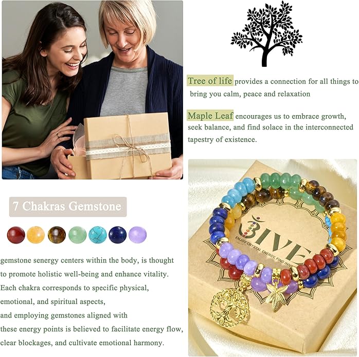 Bivei Natural Semi Precious Gemstone beads bracelet for women - Life Tree and Leaf Charm Energy Reiki Crystal Stretch Bracelets