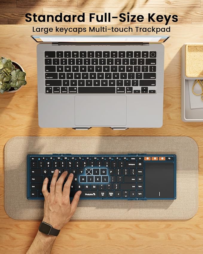 ProtoArc Foldable Keyboard with Touchpad, XK01 TP Folding Portable Keyboard, Full Size Keys, Large Trackpad Bluetooth Travel Keyboards for Laptop PC Tablet - Blue