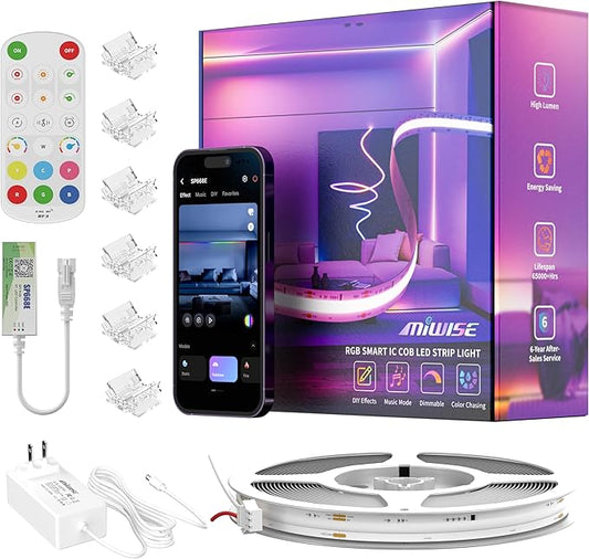 MIWISE COB LED Strip Light,RGB Smart IC COB LED Strip Lights Music Sync Bluetooth with APP Control,Addressable Color Chasing DIY 16M Colors,LED Tape Lighting for Bedroom Home Party Decor,24ft
