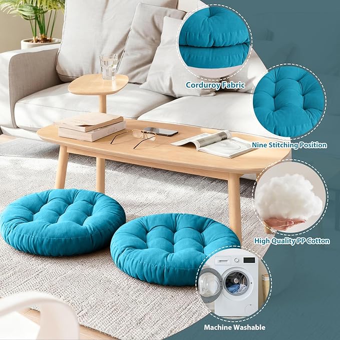 Tiita Floor Pillow Cushion, Round Seat Cushion, Outdoor Floor Pad, Meditation Cushion for Yoga Living Room Sofa Balcony, Set of 2, 22x22 Inch, Blue