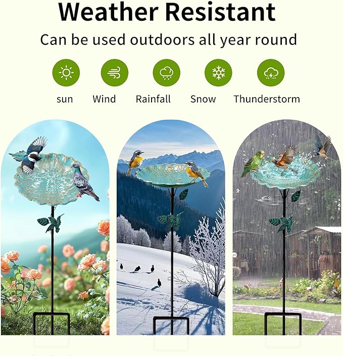 Bird Bath for Outside, Metal Birdbath Freestanding Bird Bath & Birdfeeder with 3-Pronged Base, Using for Outdoors Garden Patio Yard, Green
