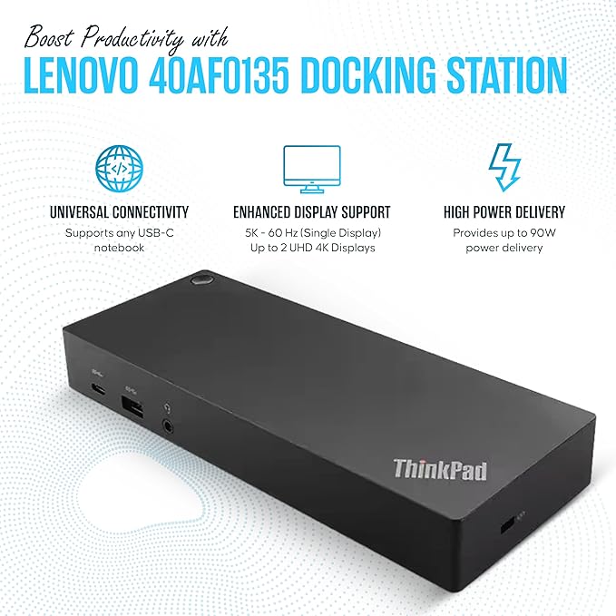40AF0135US Lenovo Docking Station Dual Monitor Hybrid USB-C with USB-A, 135W, HDMI & DisplayPort Cable - Thinkpad Dock Station