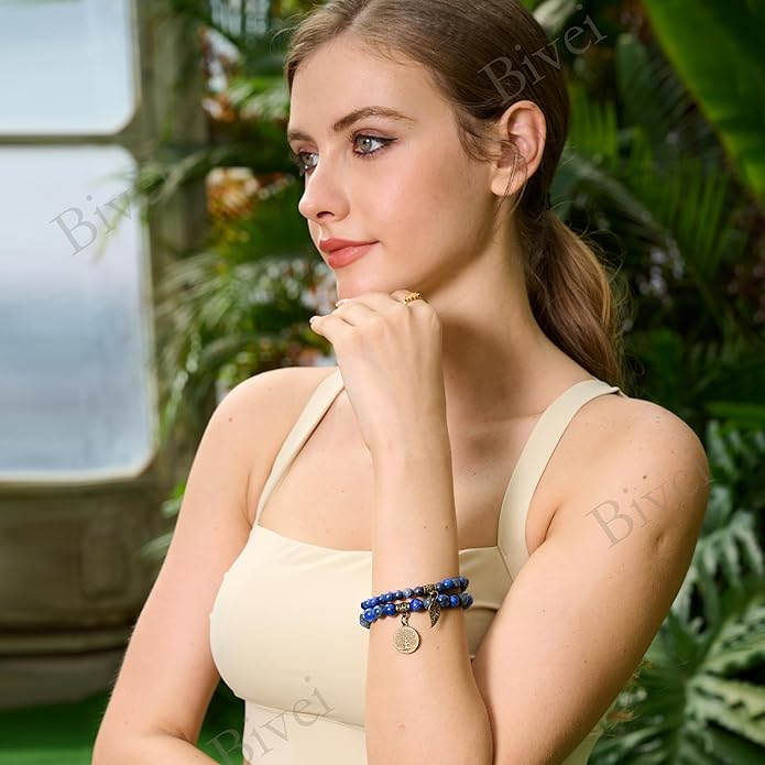 Bivei Natural Semi Precious Gemstone beads bracelet for women - Life Tree and Leaf Charm Energy Reiki Crystal Stretch Bracelets