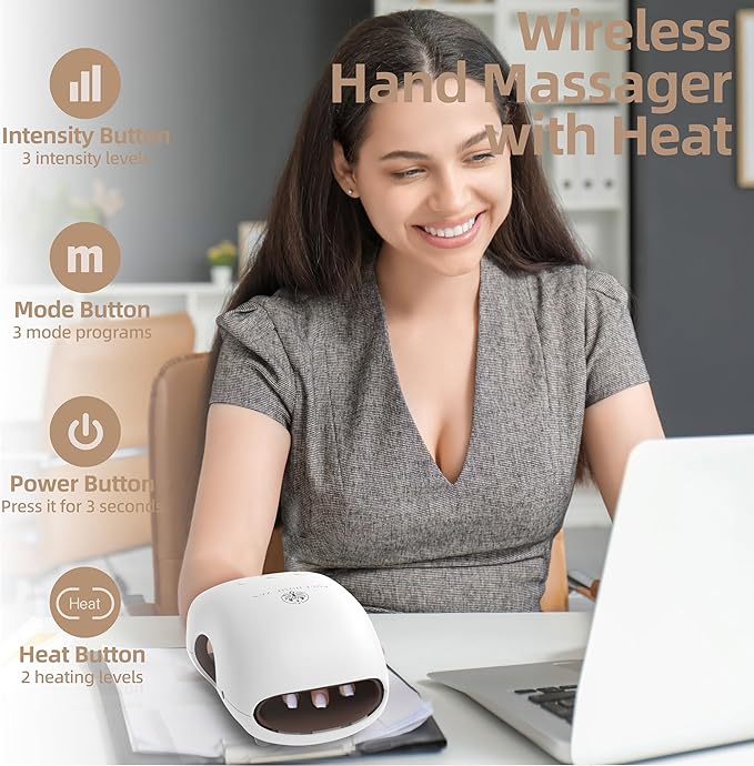 Hand Massager with Heat and Compression, Hand Massage with 3 Modes, 2 Heating Levels Wrist and Palm Kneading for Arthritis and Carpal Tunnel Relief, Useful Birthday Gifts for Men Woman