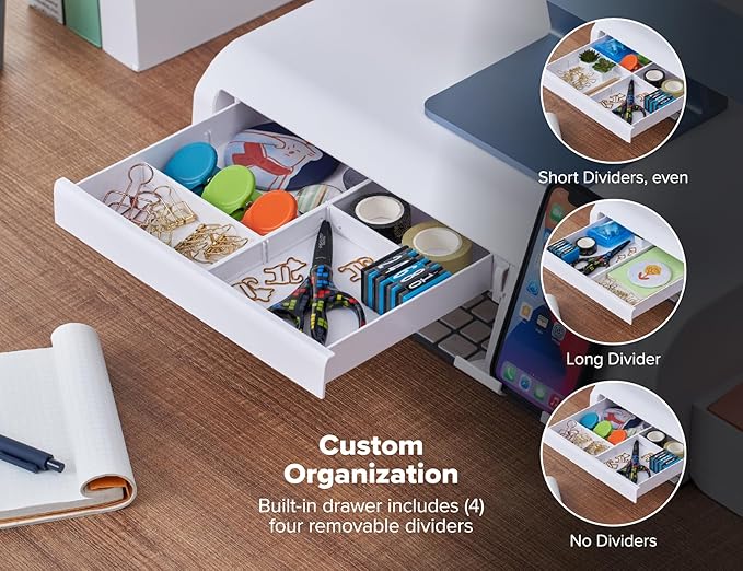 Bostitch Konnect Adjustable Monitor Riser with Drawer, Cell Phone Stand & Pencil Holder, Laptop Stand for Desk, 4 Height Levels, Cable Management & Rubber Feet