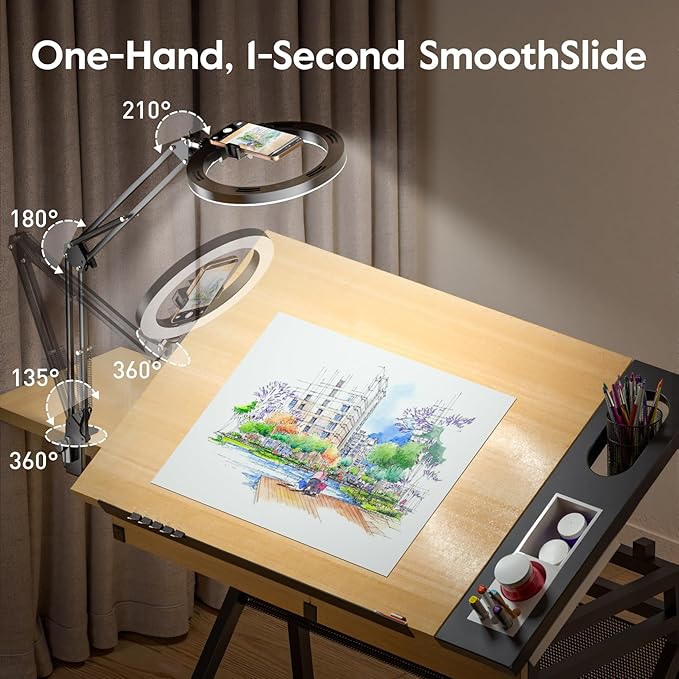 Ring Light with Overhead Camera Mount, 10W Ring Light with Desk Clamp, Phone Holder for Video Recording, Ideal for Artist/Painting/Jewelry Making/Knitting/Crochet/Embroidery/Pottery/Leather Crafting