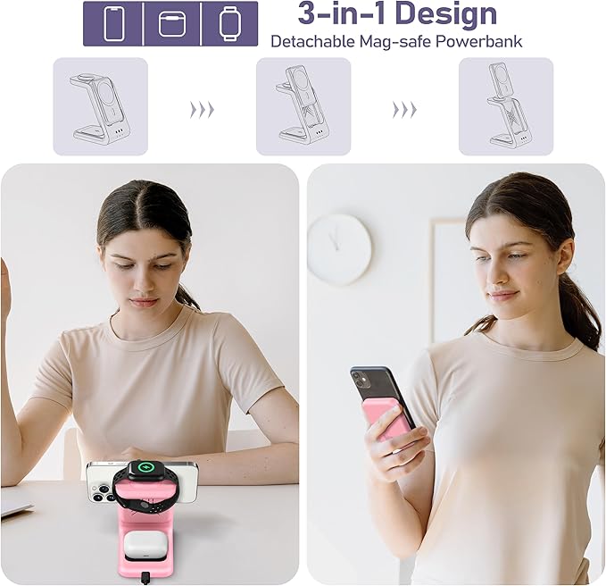 3 in 1 Wireless Charging Station: 5000mAh Removable Power Bank Charger Stand for iPhone/Apple Watch/Airpods - Portable Magnetic Battery Pack for Air 17 16 15 14 13 12 Series Pink