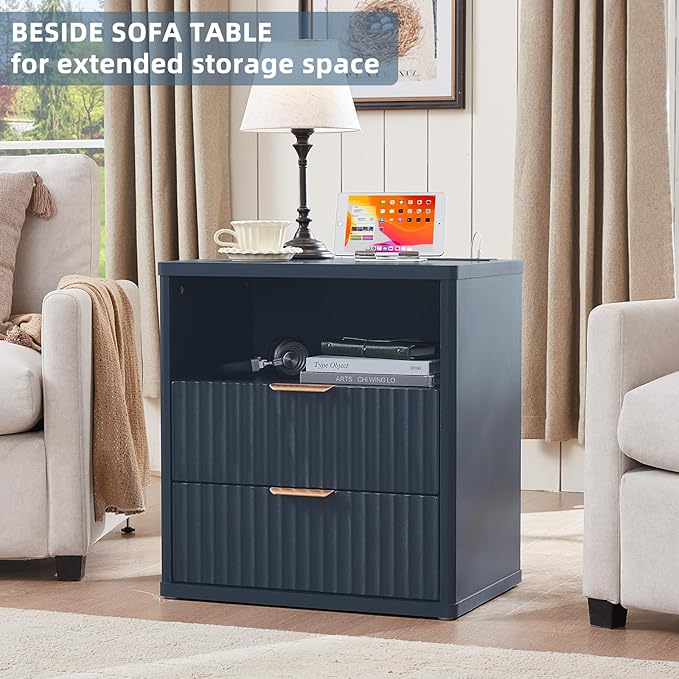LEYAOYAO Fluted Farmhouse Nightstand Set of 2 with Charging Station, 23" Wide 2 Drawers End Table,Navy Blue Dresser for Bedroom,Bed Side Table Chest of Drawers Cabinet,Wood Night Stand for Living Room