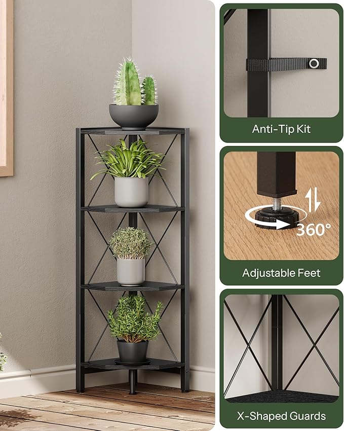 4-Tier Corner Shelf, Corner Bookcase, 43.3" Tall Vertical Display Rack, Plant Stand, Open Storage Shelf, for Living Room, Bedroom, Study, Kitchen, Black TCJ14BB