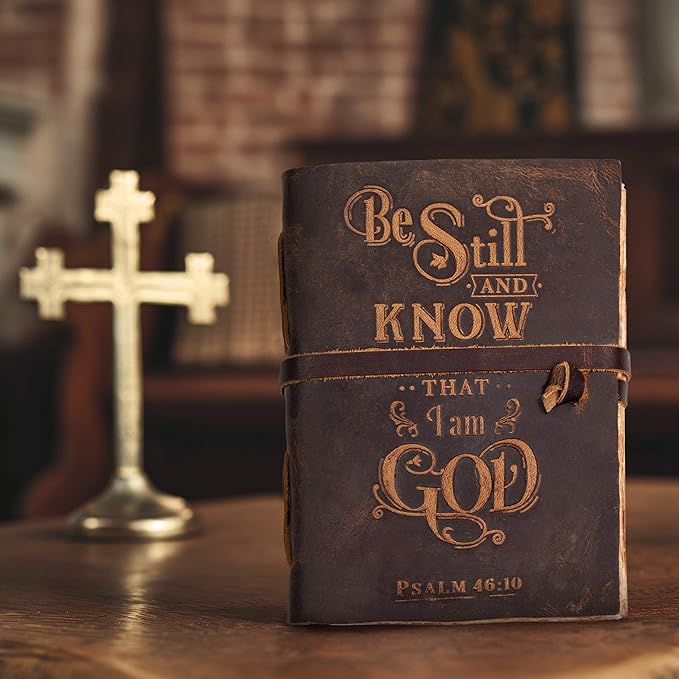 LEATHER VILLAGE Vintage Leather Journal with Psalm 46:10 Bible Verse–13''x8'' Embossed Prayer Study Journal for Women & Men – 200 Pages Handmade Cotton Deckle Edge Watercolor Paper - Brown