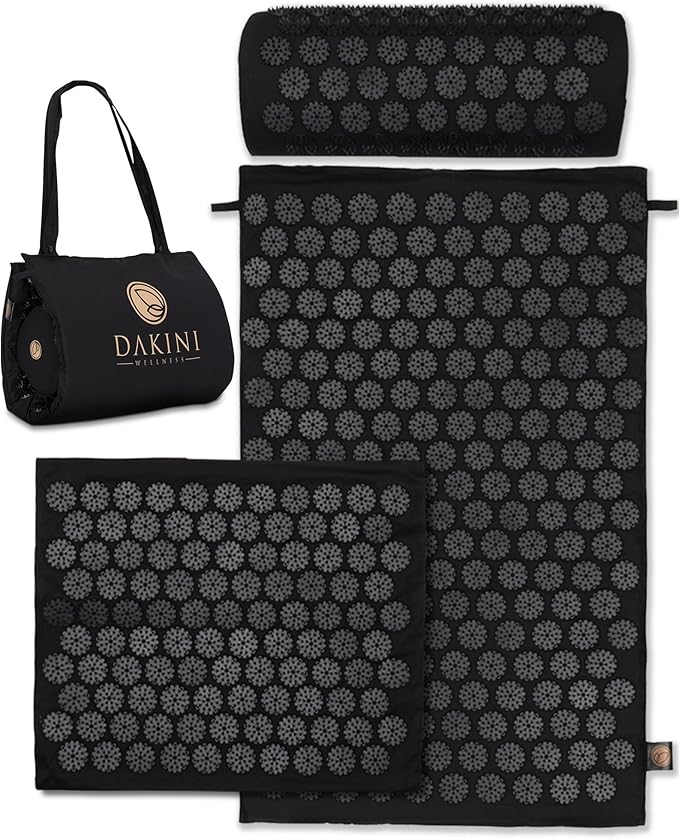Acupressure Mat and Pillow Set with Extra Mini Accupressure Massage Pad - Acupuncture Mat Full Body - Accupoint Pad with Pressure Point for Back Pain (Black)