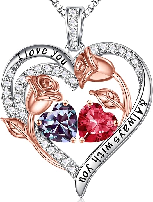 Iefil Birthstone Necklace for Women - 925 Sterling Silver Rose Heart Birthstone Necklace Birthday Anniversary Jewelry Gifts for Her Wife Mom Daughter