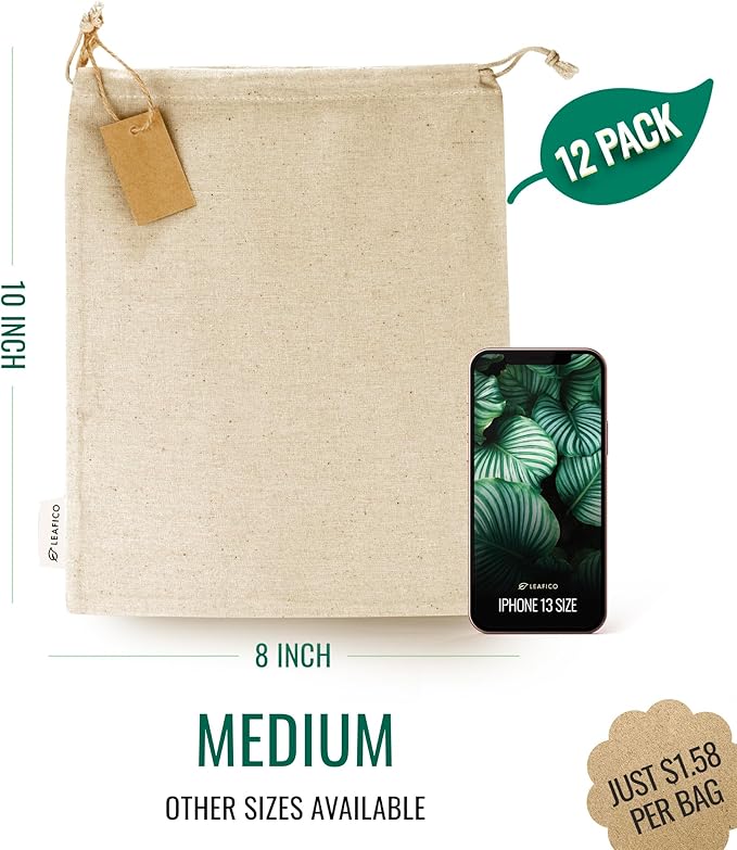 Organic Cotton Produce Bags - Medium 8x10 Inch (12 Bags) - Reusable Muslin Storage Bags with Drawstrings - Biodegradable Canvas Fabric - Perfect for Snacks, Clothes