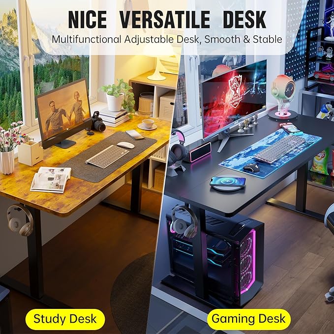 Veken 55 Inch Large Electric Standing Desk, Heights Adjustable, Sit to Stand Up, Work Home Office Computer Table for Study, Walking Pad, Writing, and Games, Wooden Desktop Desks, Brown