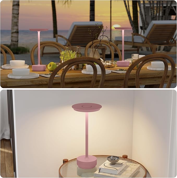 2 Pack Rechargeable Cordless Table Lamps, Portable 5000mAh Outdoor Table Light, 3 Color Stepless Dimming LED Table Lamp with Memory Function, for Home/Dinner/Patio/Restaurant.(Pink)