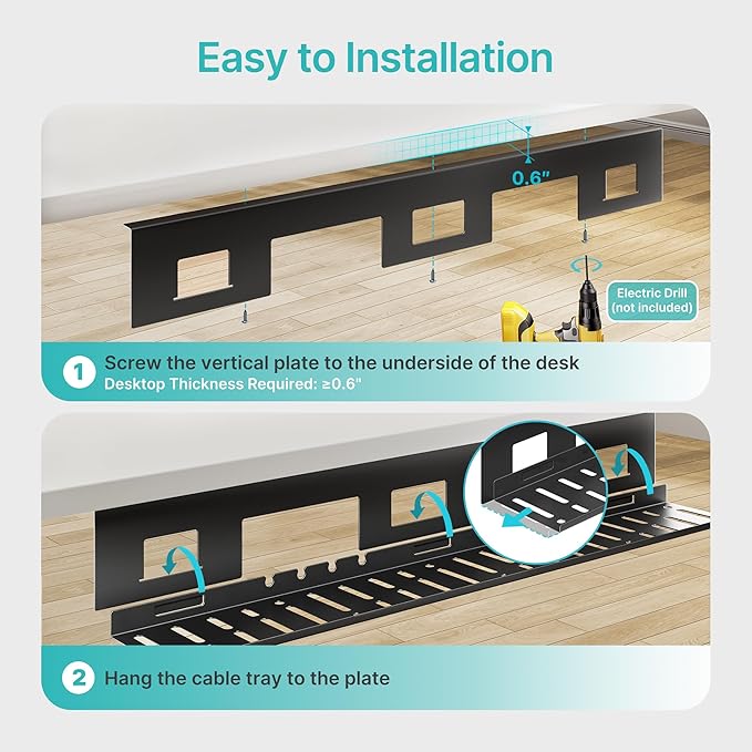 Under Desk Cable Management Tray, 31.5 Inches Metal Cord Organizer Rack, Desk Tray for Power Strip, Cord, Wire, Easy Mounting Cable Management Under Table for Home Office, Black