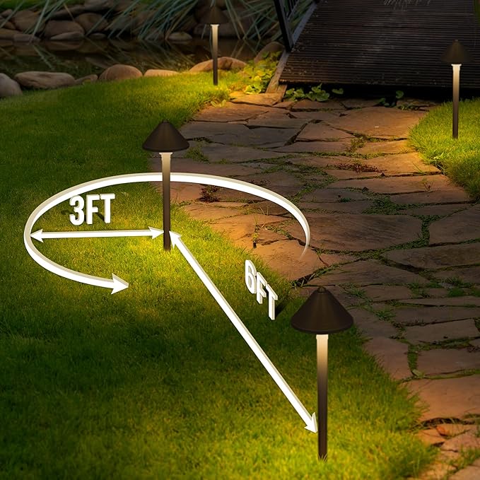 GKOLED Solid Brass Landscape Path Lights (5" Shade, 20" Tall), Low Voltage LED 3W 12-24V AC/DC Conehead Path Lighting, 2700K Outdoor Waterproof Walkway Light, with Stake and G4 Bulb, 2 Pack