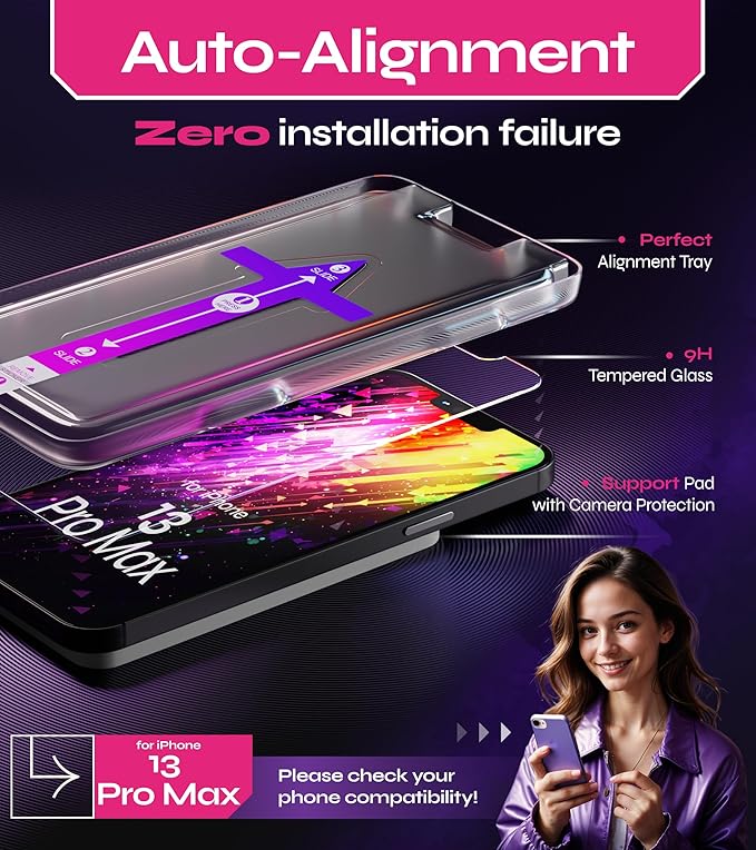 Defenslim Screen Protector for iPhone 13 Pro Max (2Pack), Easy Auto-Align Install Kit, 6.7" Tempered Glass, 9H Hardness, Ultra HD Clear, Case Friendly, EasyShield