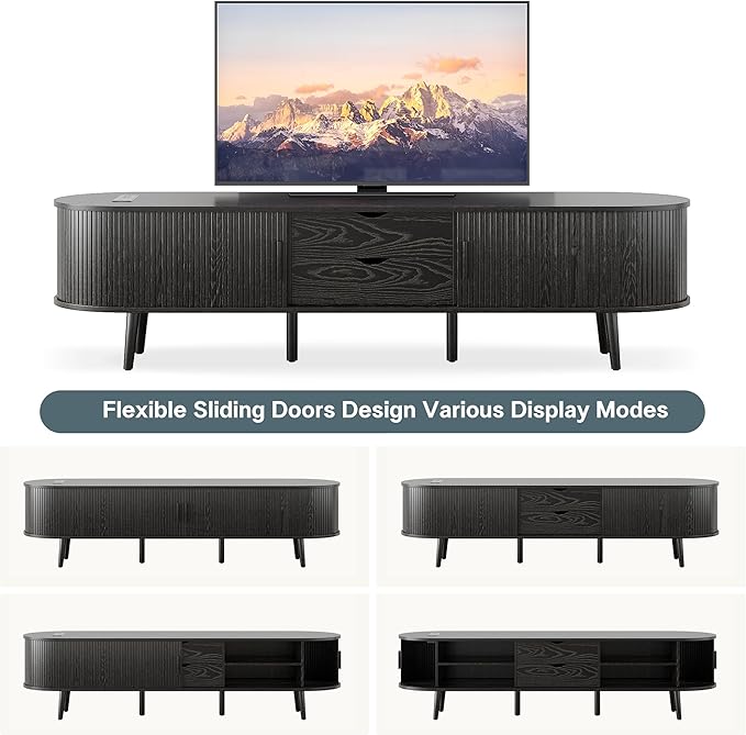Alohappy 69" Mid Century Modern TV Stand with Power Outlet, Farmhouse Curved Edge TV and Media Console Table with Drawer and Shelf, Fluted Entertainment Center for Living Room, Bedroom, Black