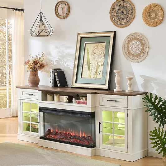 ROCKPOINT 3 Sided Glass 80" Fireplace TV Stand for TVs up to 90inch,Entertainment Center with Drawers and Glass Door Storage Cabinet,36" Electric Fireplace with LED Light and Flame Colors, White