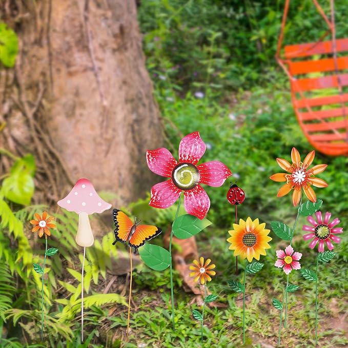 hogardeck Garden Decor for Outside, Set of 10 Metal Flowers Garden Stakes with Mushroom Butterfly Ladybug for Spring Decor, Yard Art Garden Decorations for Outdoor Lawn Porch Pathway (Multi-Color)