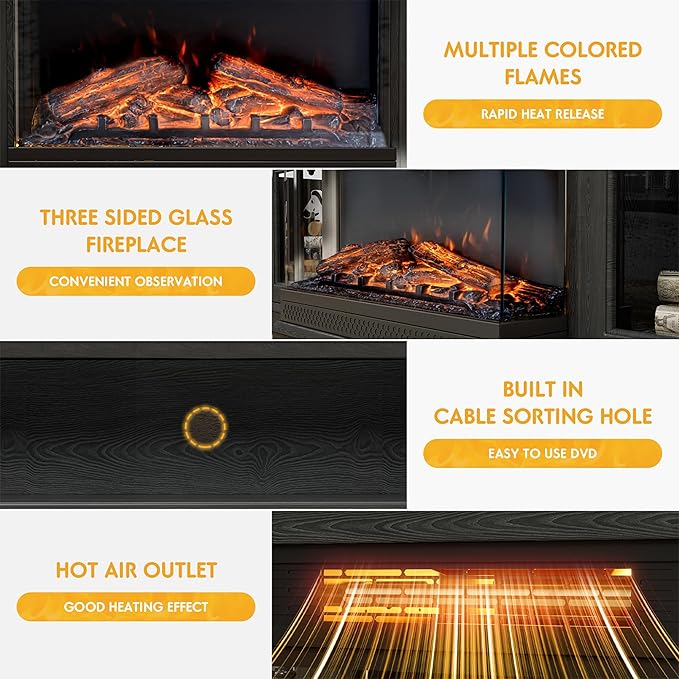 JUMMICO Fireplace TV Stand for TVs up to 65'', 3-Sided Glass Media Entertainment Center Console Table with Cabniet Storage Adjustable Flame LED Color for Living Room (Black)