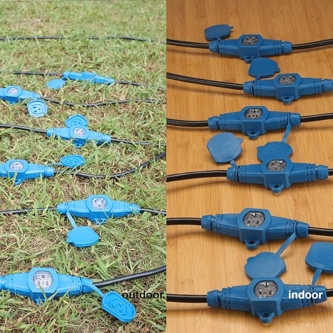 50 Feet Multi Outlet Extension Cord 12 Gauge,7 Nema 5-15R Evenly Spaced Outlets with Blue Indicators,Male Plug to Female Connector,Erboelec,ETL Listed