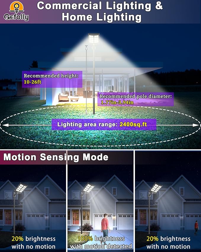 Gefolly SL-3800W Solar Street Light Outdoor 380000LM Wide Angle Commercial Parking Lot Lights Dusk to Dawn 6500K Flood Security Light IP67 Lamp for Basketball Court, Yard, Road