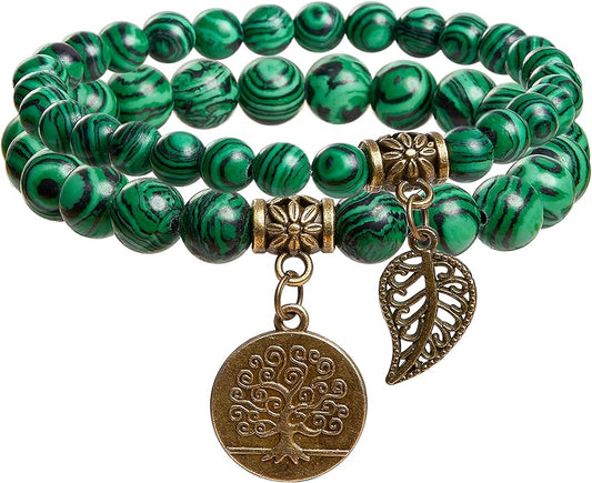 Bivei Natural Semi Precious Gemstone beads bracelet for women - Life Tree and Leaf Charm Energy Reiki Crystal Stretch Bracelets