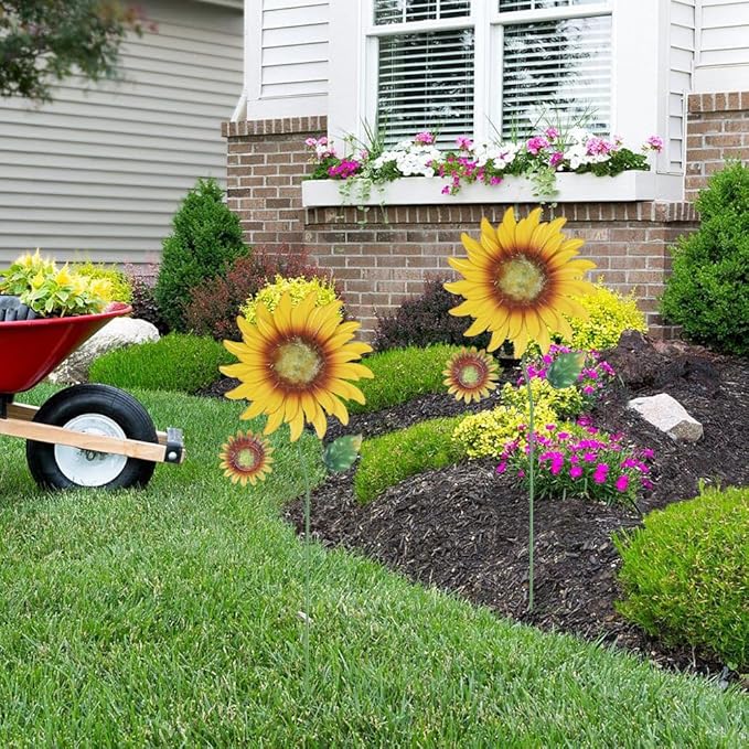 hogardeck Metal Sunflowers Decorative Garden Stakes, 2 Pack 33" Outdoor Garden Decor with Shaking Head Sunflowers Ornament Yard Stakes, Spring Yard Art Fairy Decorations for Patio Lawn