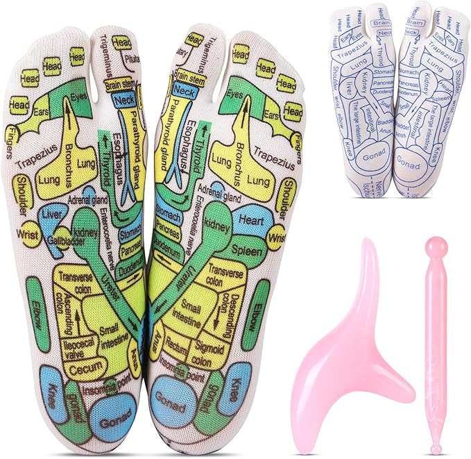 Reflexology Socks Set with Tools Pink, 2 Pairs Chiro Acupressure Acupuncture Trigger Point Foot Pain Relief Remedy Acupoint Massage Birthday Gifts for Women D