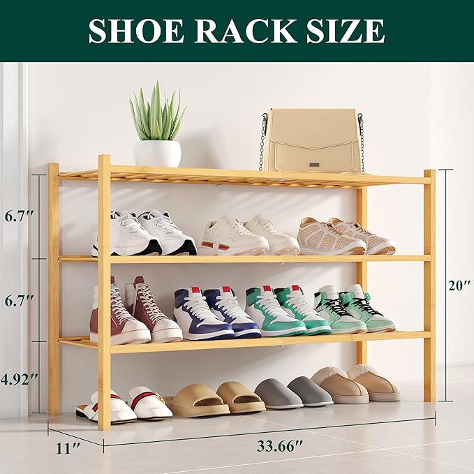 Smiry Shoe Rack, 3 Tier Long Bamboo Shoe Organizer, Stackable Free Standing Wooden Shoe Storage Shelf for Closet, Entryway, Front Door Entrance, Natural