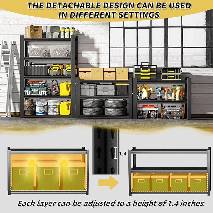 Garage Shelving, Heavy Duty Storage Shelves, Metal Garage Shelves Units, 5-Tier Adjustable Shelf Storage Rack for Industrial, Warehouse, Basement (H72'' W39.3'' D18'')