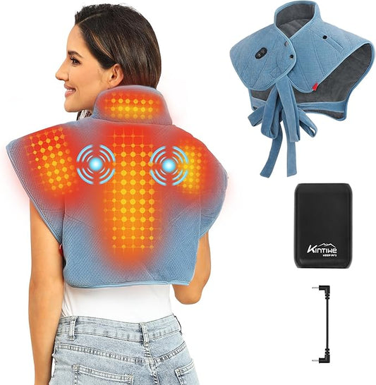 Heating Pad for Neck and Shoulders and Back with Battery,12V Portable Cordless Heated Pad with Vibration Massager and 3 Heating Modes,Weighted Electric Heat Pad,Max 158℉,16.9'' x 23.6''