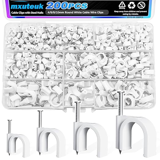 mxuteuk 200PCS Cable Clips with Steel Nails,4/6/8/10mm Round White Cable Wire Clips,Wall Clips for Cords,Cable Cord Clips for RG6 RG59 CAT6 RJ45