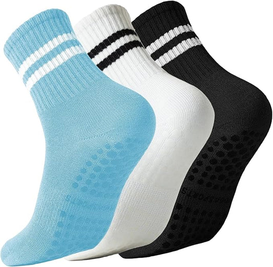 Pilates Socks with Grips for Women Grippy Non Slip Crew Socks for Yoga Barre Hospital Striped 3 Pairs