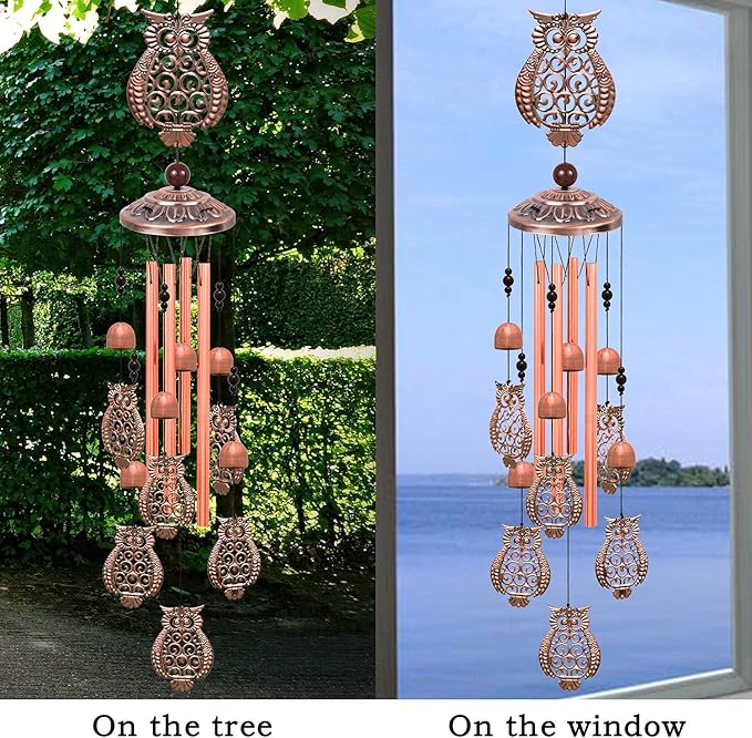 Large Owls Wind Chimes - Garden, Home & Patio, Balconies, Room, Indoor, Outdoor Decoration, Owl Windchimes Decor, Red Copper Windchime, Outdoor Wind Catcher, Memorial Wind Bells Gifts for Mom & Women