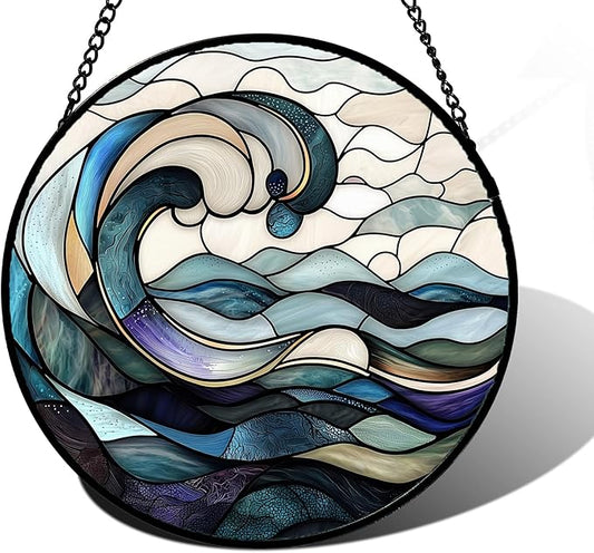 Stained Glass Window Hanging, Ocean Waves Sun Catchers Diamond Glass Panel Hangings Abstract Suncatcher Decor for Birthday for Women, Men, Wife, Aunt, and Mom 6.3 in